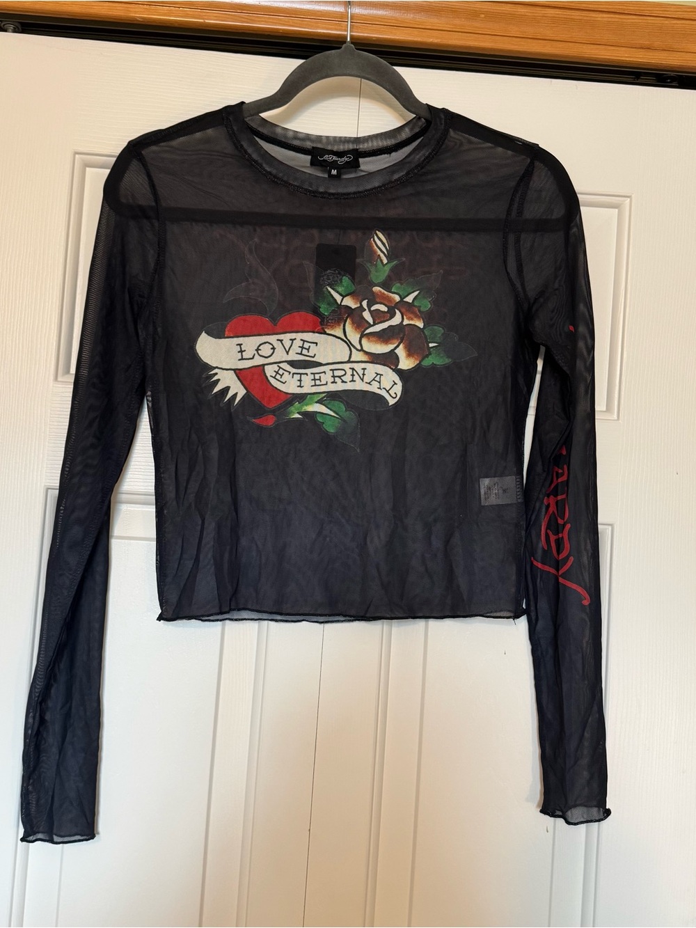 Ed Hardy NWT Goth Grunge Mesh Long Sleeve Skull Crop Y2K T-Shirt Size Medium